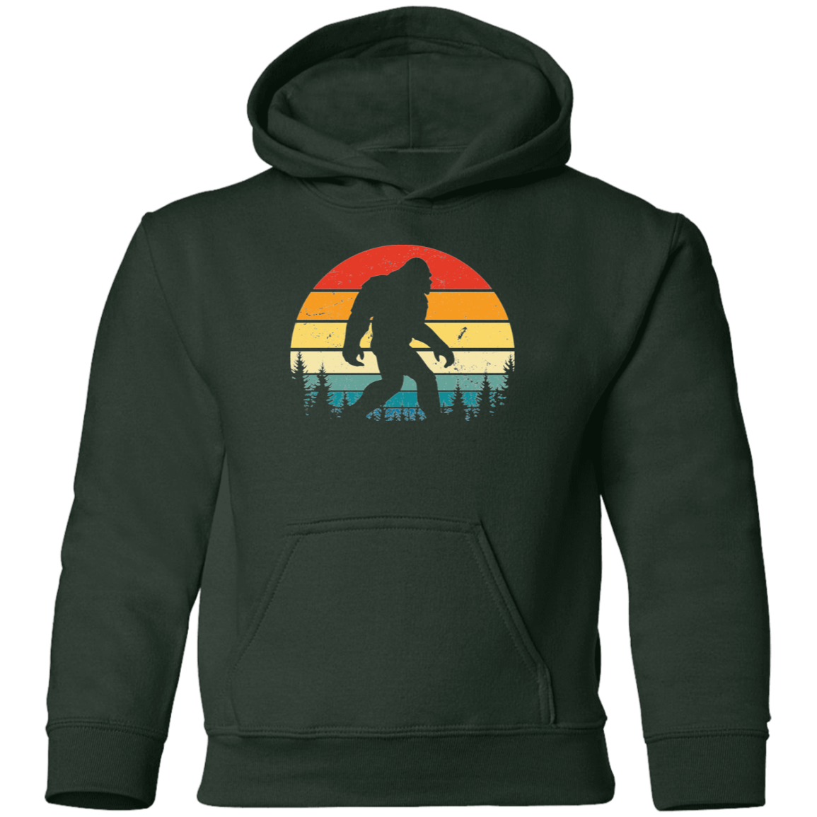 green Distressed style Retro Sunset Bigfoot Hoodie for kids