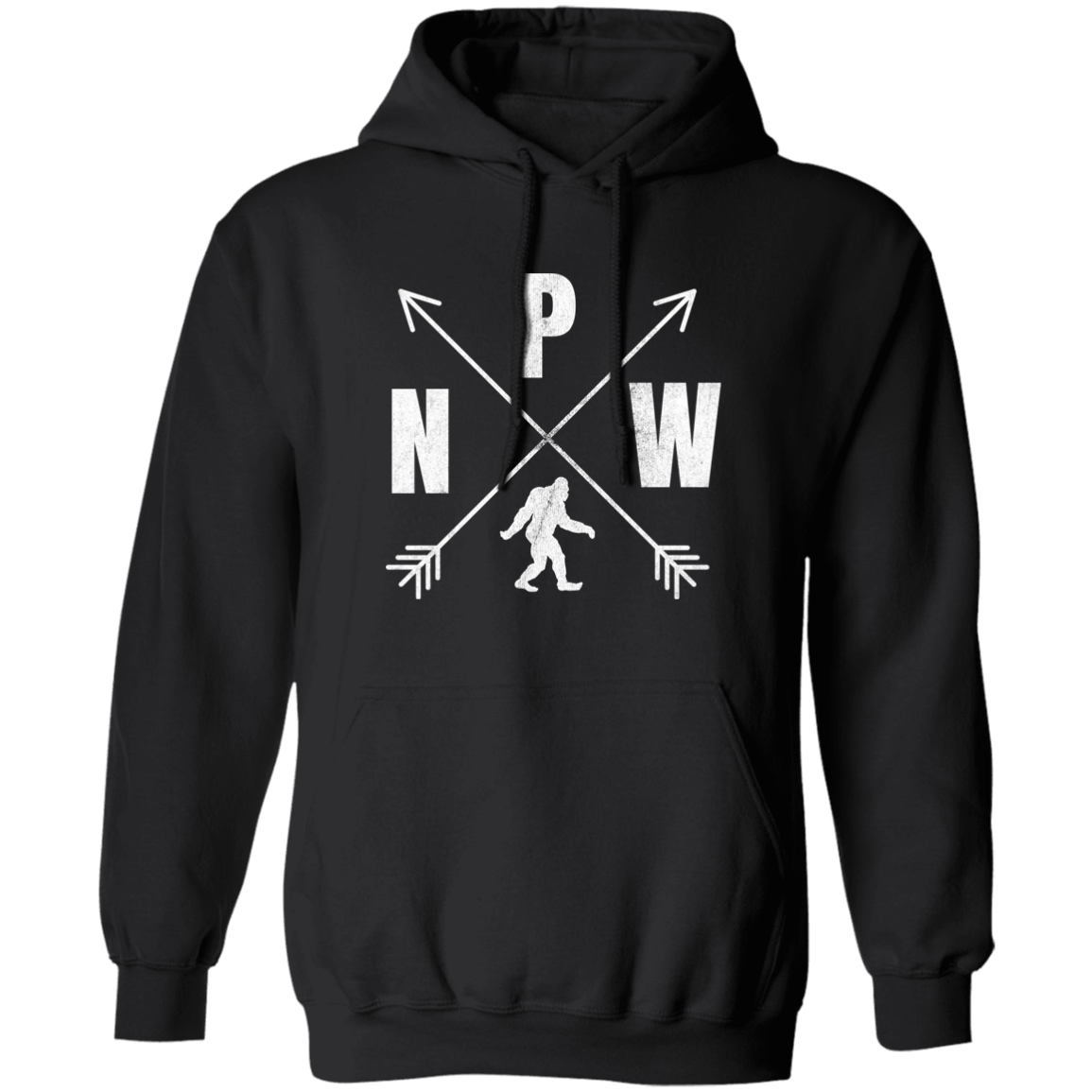 black PNW crossed arrows Bigfoot hoodie for adults