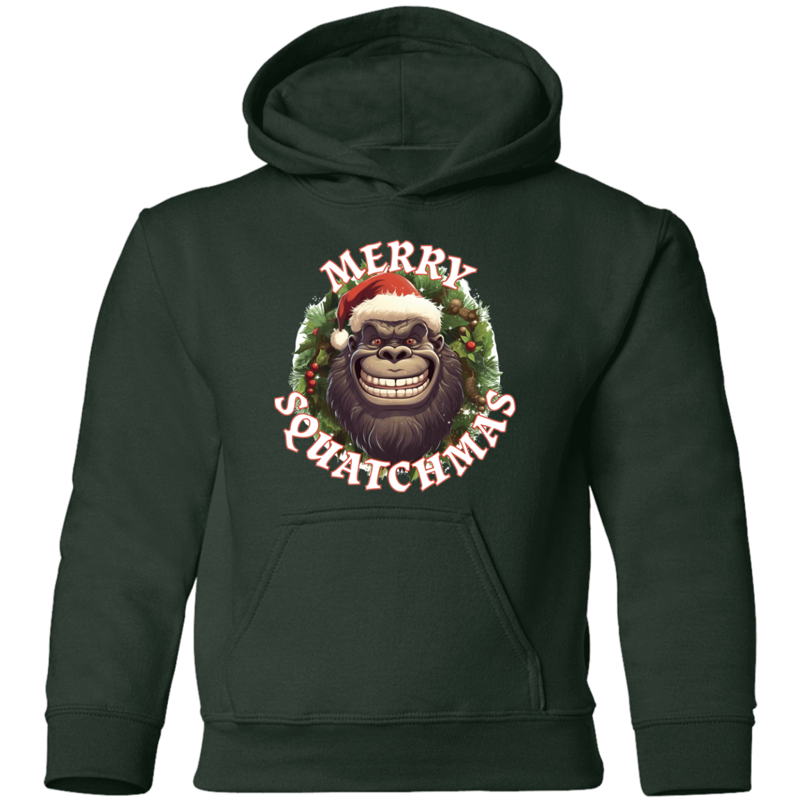 forest green kids Bigfoot Christmas Hoodie