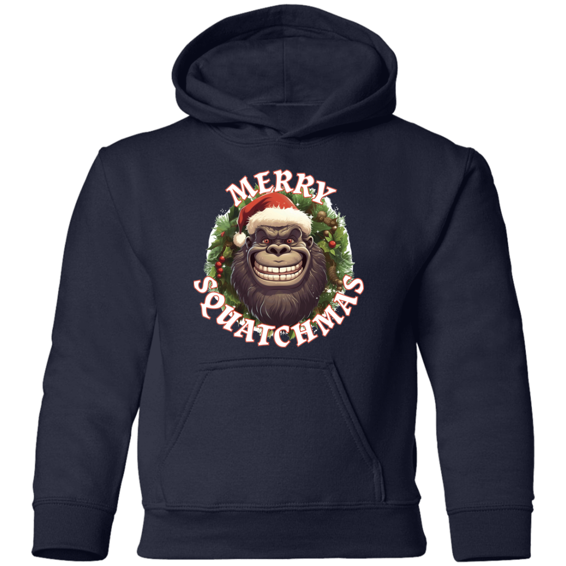 navy blue kids Bigfoot Christmas Hoodie