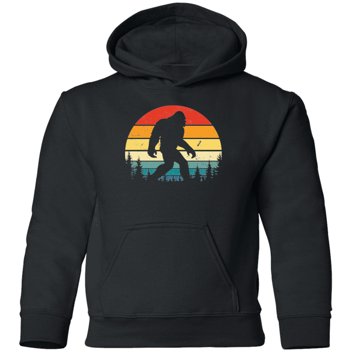Black Distressed style Retro Sunset Bigfoot Hoodie for kids