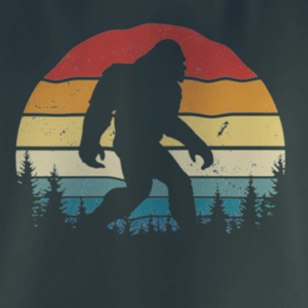 closeup of retro sunset Bigfoot hoodie design