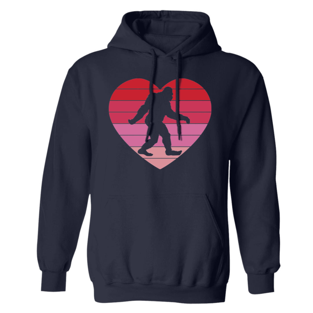 navy bigfoot unisex hoodie with a pink and red retro heart and bigfoot silhouette on the front