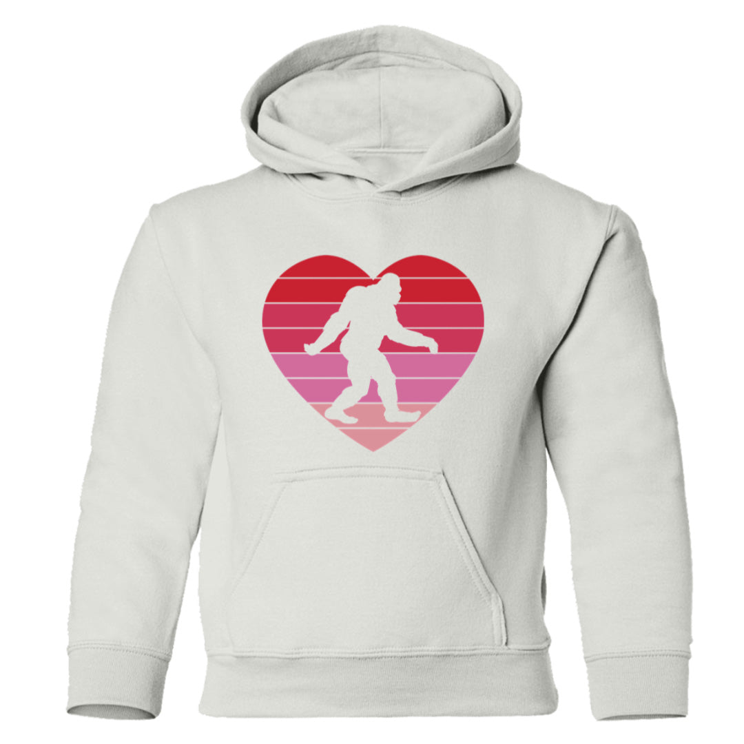 white kids bigfoot hoodie with a pink Heart and Bigfoot silhouette on the front