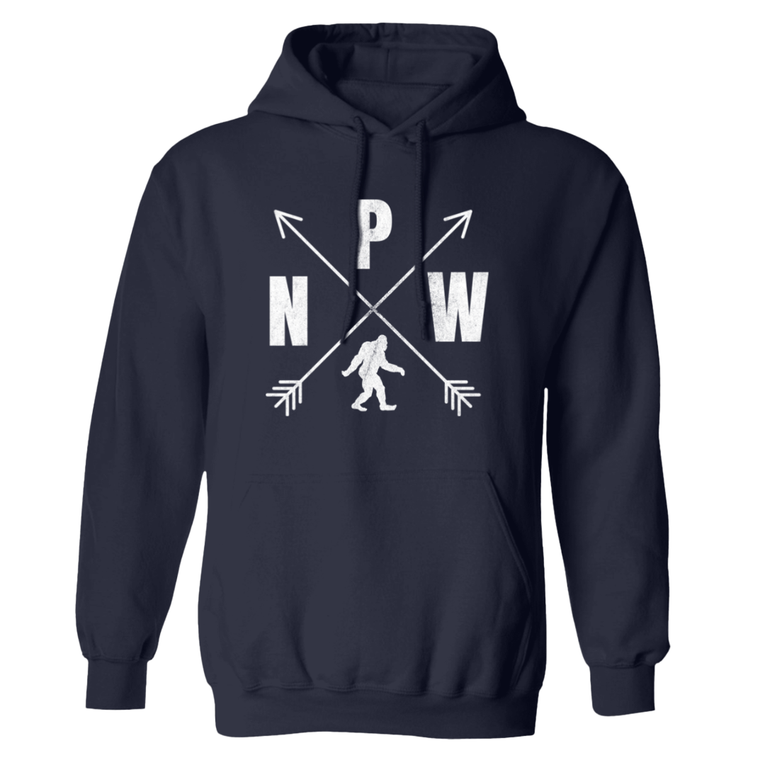 Navy blue PNW crossed arrows Bigfoot hoodie for adults