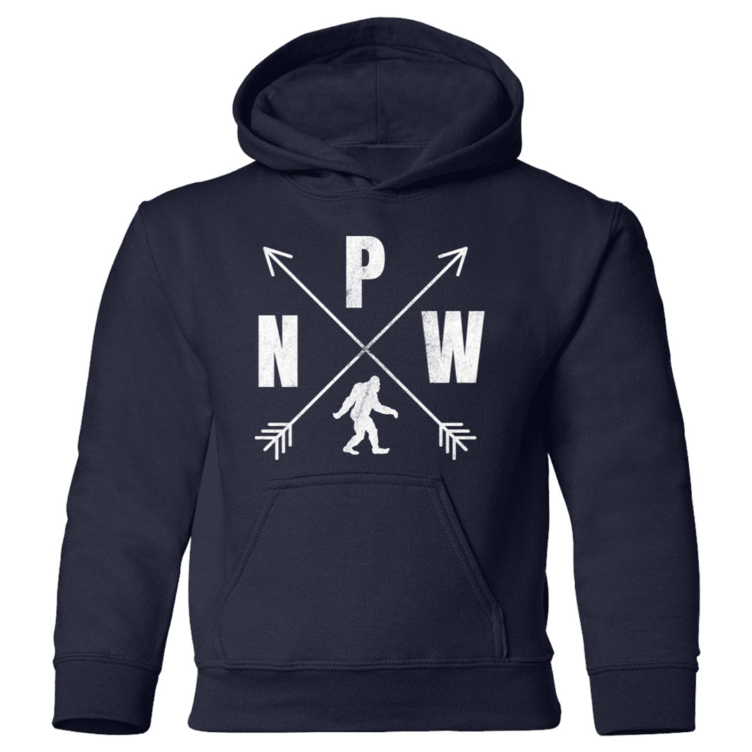 navy PNW crossed arrows Bigfoot hoodie